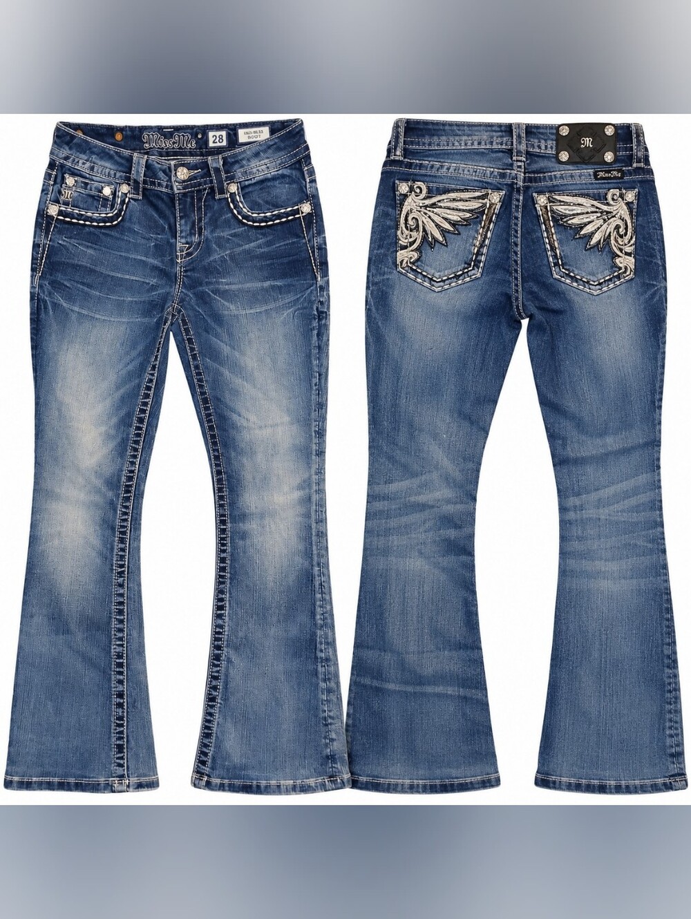 Miss Me Jeans Womens 28 Mid Rise Bootcut Embellished Rhinestone Wings Short 27.5